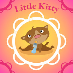 Little kitten with baby bottle in circle frame 