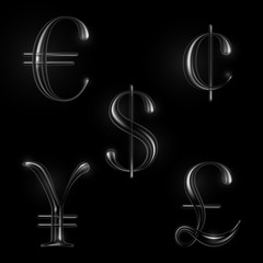 Currency symbols set of silver metal