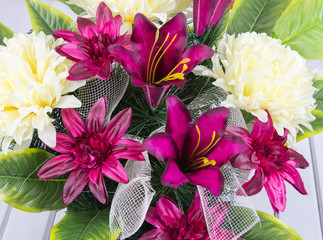 closeup of a bouquet of artificial flowers