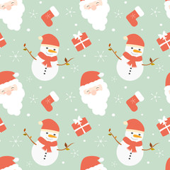 cute cartoon christmas seamless vector pattern background illustration with santa claus and snowman