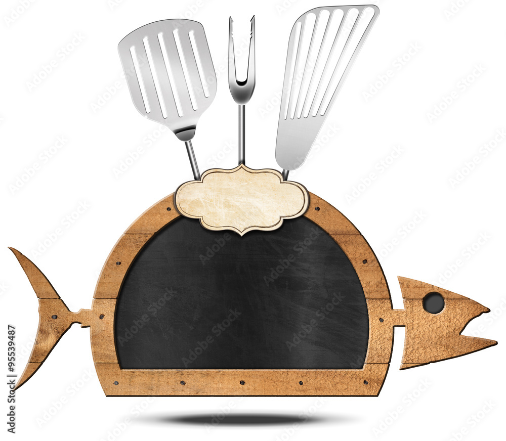 Poster blackboard fish shaped - fish menu / blackboard with wooden frame in the shape of fish with kitchen 