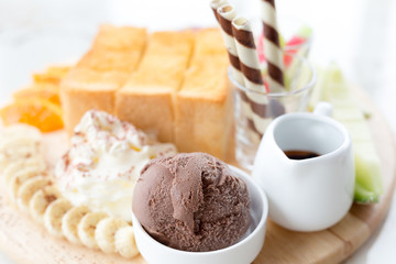 Chocolate Honey Toast with Ice Cream and fruit