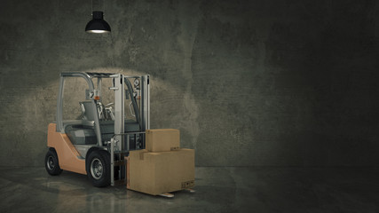 Forklift truck in warehouse or storage loading cardboard boxes. 3d © lchumpitaz