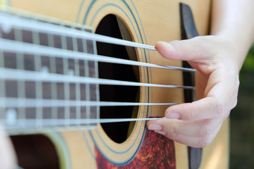 Fototapeta premium close up of 5 string acoustic bass guitar.