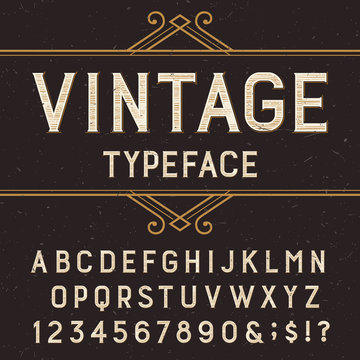 Vintage alphabet vector font with distressed overlay texture. Type letters, numbers and symbols on a dark background. Stock vector typeface for labels, headlines, posters etc.