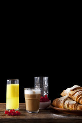 healthy Breakfast table : fresh hot Croissants and Coffee with m