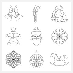Set Christmas Thin Line Icons, Holiday Jingle Bells, Santa Claus, Rocking Horse, Cookie Gingerbread,Striped Candy Cane  with Bow, Christmas Ball with Snowflake , Snowflake, Vector Illustration