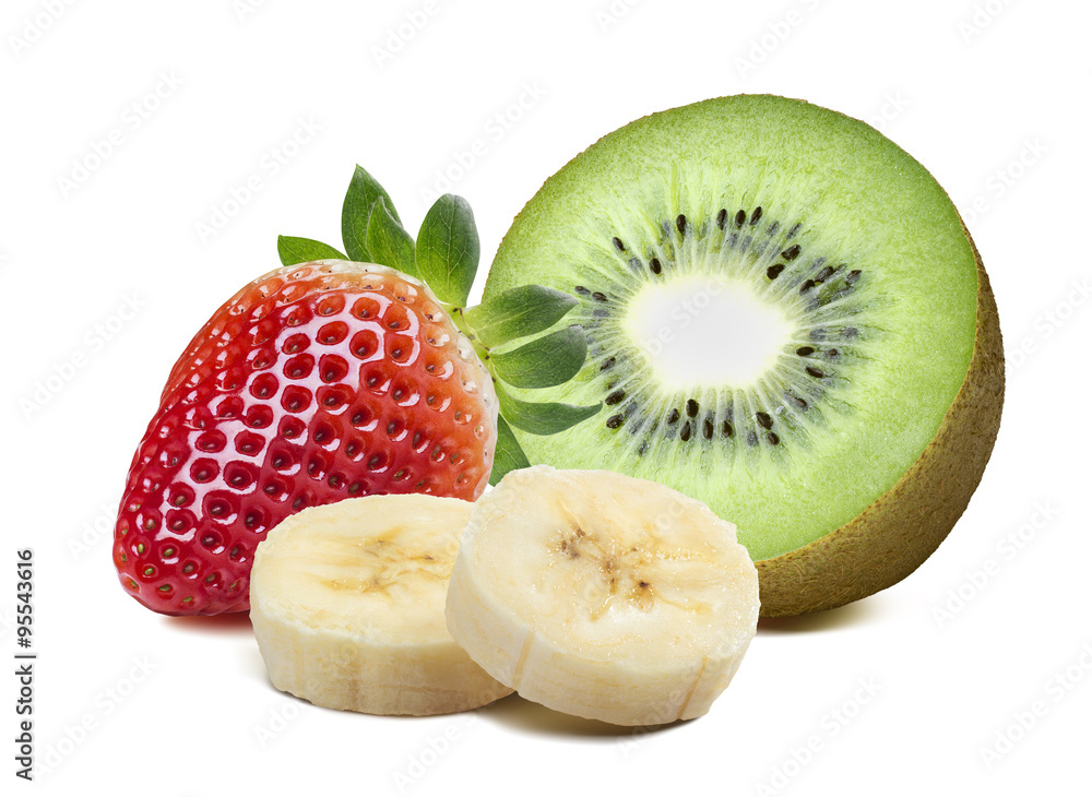 Wall mural Strawberry kiwi half piece banana isolated on white background - Wall murals