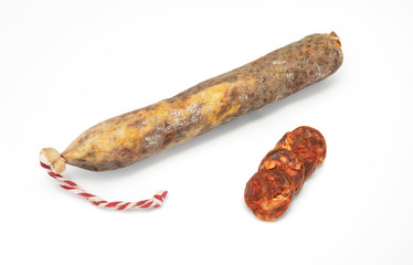 Spanish sausage on white. Lean pork, paprika, salt, garlic and o