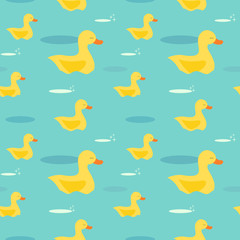 cute cartoon yellow ducks in the water seamless vector pattern background illustration