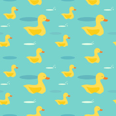 cute cartoon yellow ducks in the water seamless vector pattern background illustration