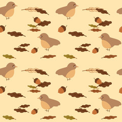 cute bird and leaves and acorns seamless vector pattern background illustration