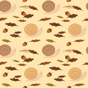 cute pastel snail with acorns and leaves seamless vector pattern background illustration
