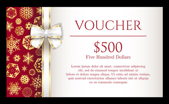 Luxury Christmas voucher with golden snowflakes and white ribbon