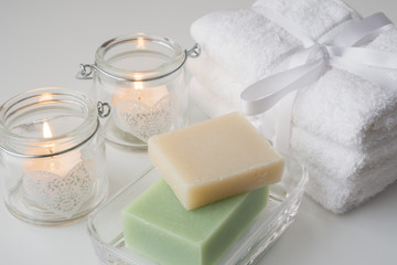 towels, handmade soaps and candles
