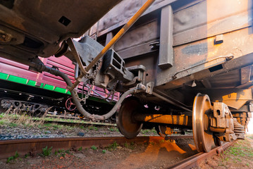 the coupling of wagons freight train close-up