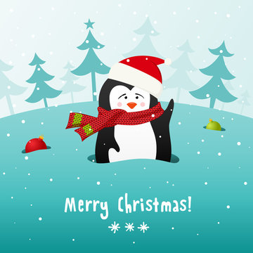 Cute Christmas penguin. Vector background.