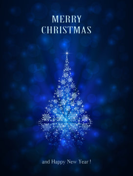 Shiny Christmas tree on blue background