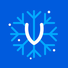V letter with snowflake icon on the blue background.