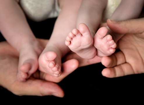 Baby Twins Feet In Parents Hands