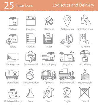 Transportation, logistics and delivery linear style icons set