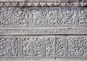 Patterns on carved walls of historical temple in India