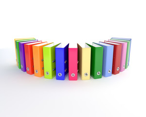 Row of multi-colored office folders on a white background. 3D il