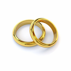Two gold wedding bands on white background. 3d render.