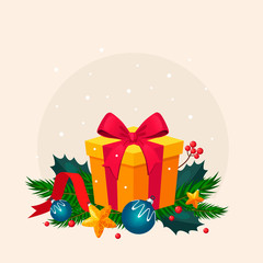 Christmas Decoration with Fir and Gift. Vector Illustration
