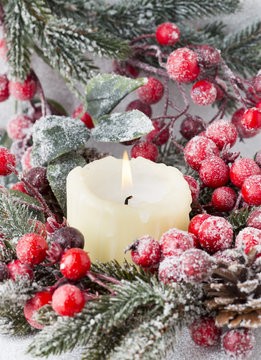 Christmas wreath from red berries, a fur-tree and cones