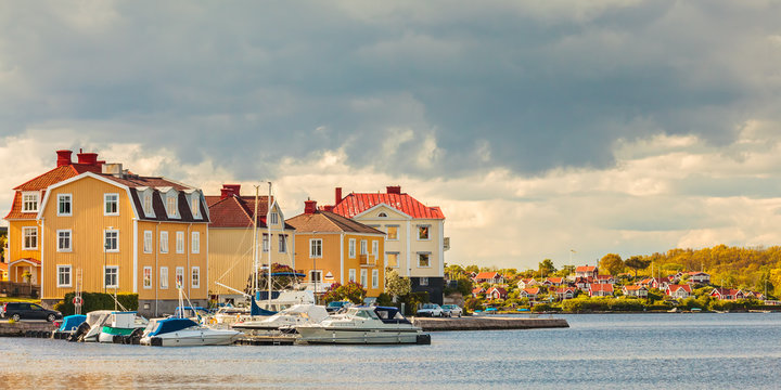 Ancient houses with boats in Karlskrona, Sweden