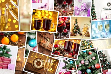 Christmas collage with photos of spruce, champagne, mulled wine, orange, bokeh and decorations