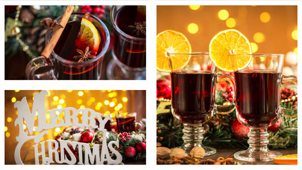 Christmas collage with photos of spruce, champagne, mulled wine, orange, bokeh and decorations