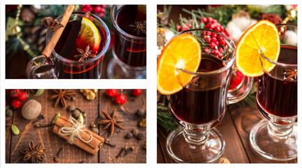 Christmas collage with photos of spruce, champagne, mulled wine, orange, bokeh and decorations