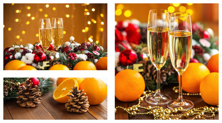 Fototapeta na wymiar Christmas collage with photos of spruce, champagne, mulled wine, orange, bokeh and decorations