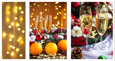 Christmas collage with photos of spruce, champagne, mulled wine, orange, bokeh and decorations