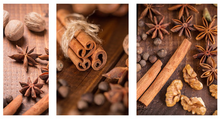 Christmas collage with spices for mulled wine and nuts