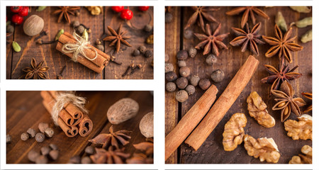 Christmas collage with spices for mulled wine and nuts