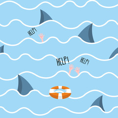 Obraz premium Shark in sea seamless pattern. Man drowns. Scenery screams help