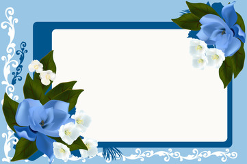 blue frame with magnolia and jasmine flowers