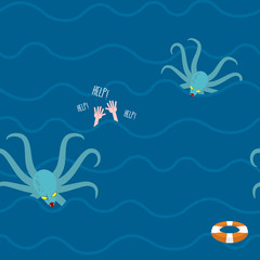 Fototapeta na wymiar Octopus in ocean. Man drowns seamless pattern. Repeating Waves i