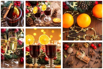 Christmas collage with photos of spruce, champagne, mulled wine, orange, bokeh and decorations