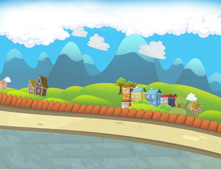 Cartoon scene of a small town in the background - with nobody on the stage - illustration for children
