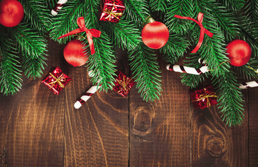Christmas Decoration Over Wooden Background. Vintage