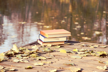 Closed books on a ground near lake. Knowledge is power. Education. Enlightenment.