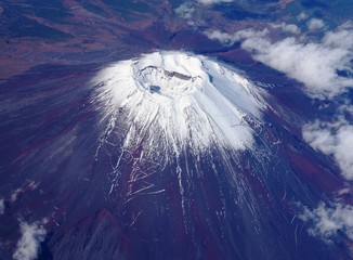 Aerial view of Japan's Mount Fuji volcano with snow