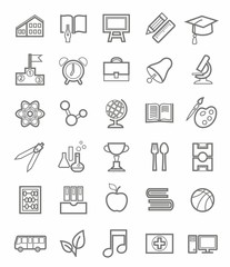 Education, icons, linear, grey outline, white background. 