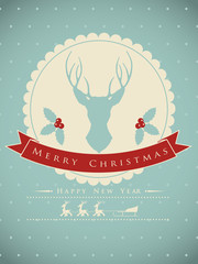 Vintage christmas card with deer and holly branch
