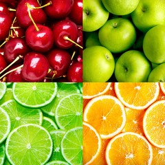 fruit background of apples, cherry, slices of lime and orange