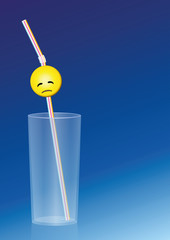 Empty glass with a weary straw in it. Illustration on blue gradient background.